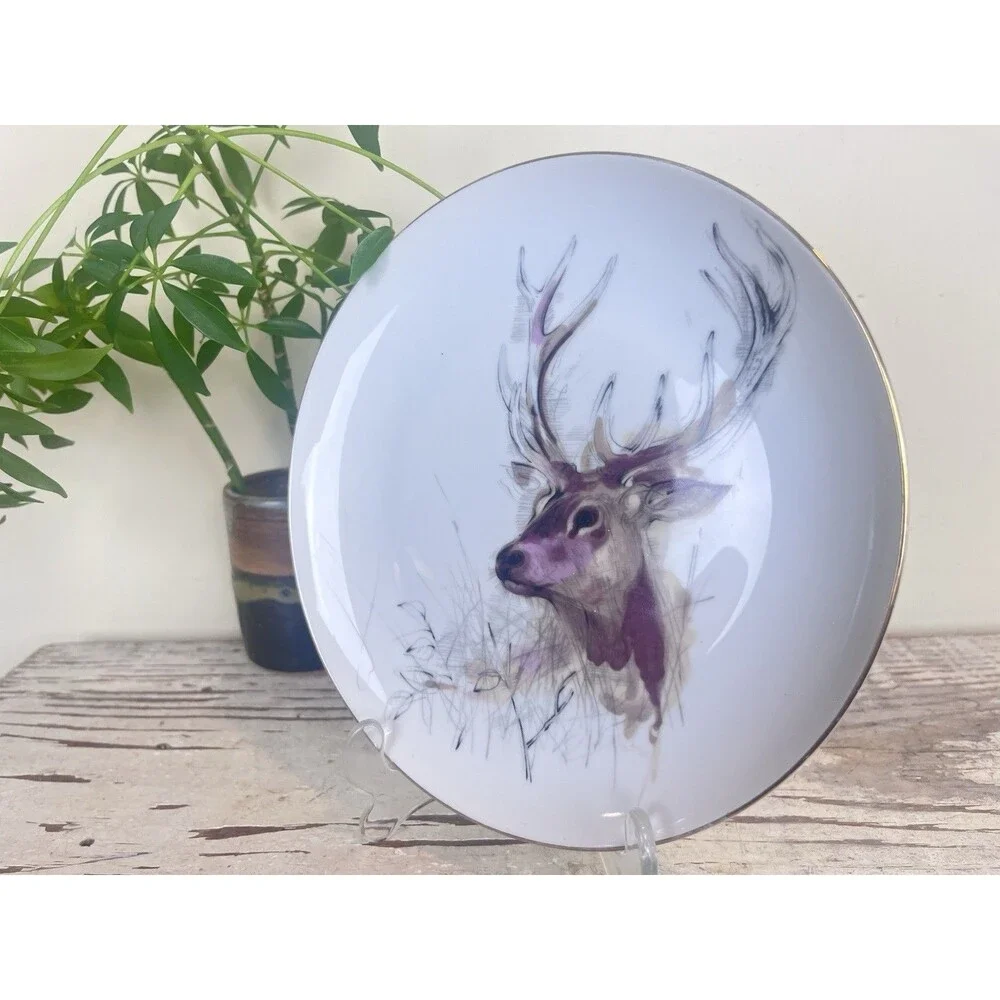 Vintage 1976 Woodland Haven ENESCO Buck Deer Gold Rimmed Dessert Plate 8” Retro